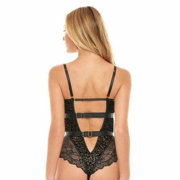 Black Underwire Leopard Print Floral Scalloped Lace Teddy Lingerie - Picture 5 of 10